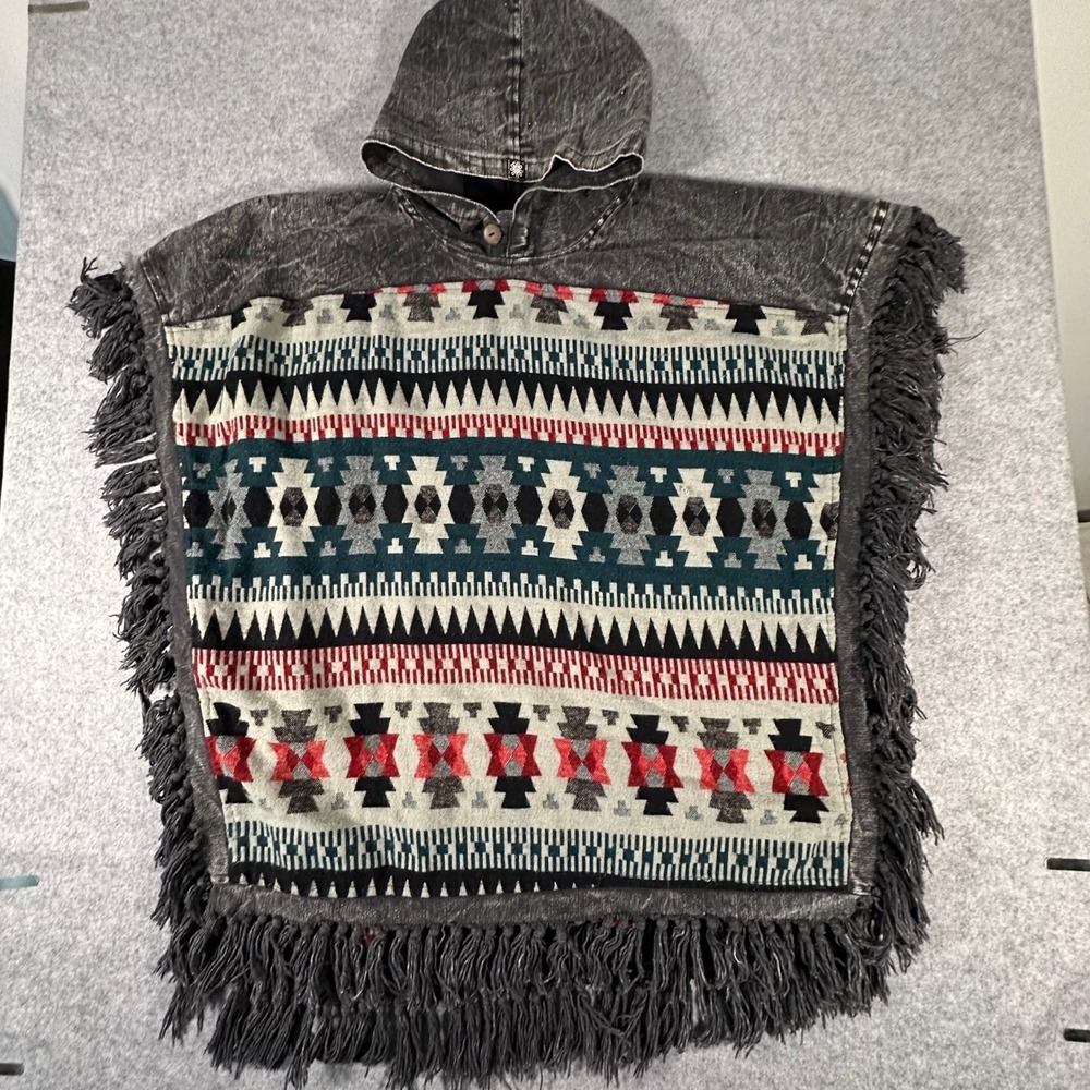 Mexicali Blues Hooded Poncho OS Black Gray Mens Southwestern Fringe Acid Wash